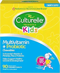 Culturelle Kids Complete Chewable Multivitamin + Probiotic For Kids, Ages 3+, 90 Count, Digestive Health, Oral Health & Immune Support - With 11 Vitamins & Minerals, including Vitamin C, D3 & Zinc