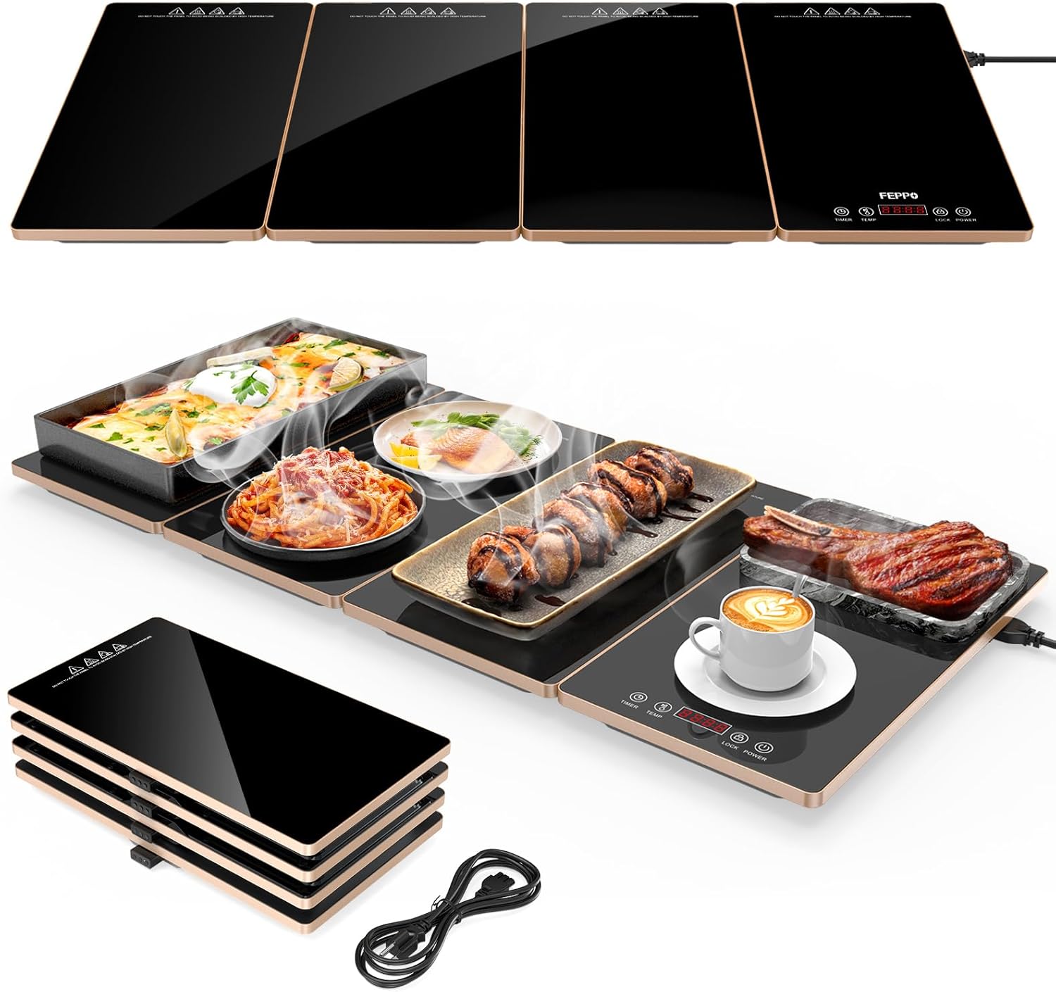 FEPPO Electric Warming Tray, 4-in-1 Food Warmers for Parties Buffet with 10 Temp Settings and Timer, 33'x15' Glass Surface Warming Mat for Food, Modular Buffet Hot Plates for Catering and Gatherings