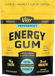 Viter Energy 60mg Caffeine Gum (Peppermint Flavor, 180 Pieces) - Sugar Free, Vitamin B3, B6, B9, B12, Zero Calories, Caffeinated Energy Chews, Nootropic Focus Supplement for Men & Women