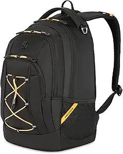 SwissGear 1186 Special Edition 13 Laptop Backpack Black/Gold Compact Tech Bag with Reflective Accents Multiple Organizer Pockets with Bungee Cords & D-ring Attachment Point