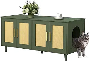 Homhedy Boho Cat Litter Box Enclosure for 2 Cats, Wooden Cat Washroom Furniture with Double Rattan Decorated Doors, Pet House,47.2 L x 19.7 W x 21.7 H, Green