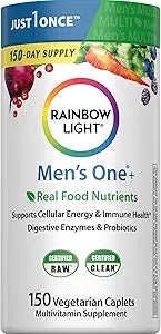 Rainbow Light Mens Multivitamin One + | 150 Caplets | Supports Cellular Energy & Immune Health | with Vitamins C, D, and Zinc | Real Food Nutrients, Digestive Enzymes & Probiotics