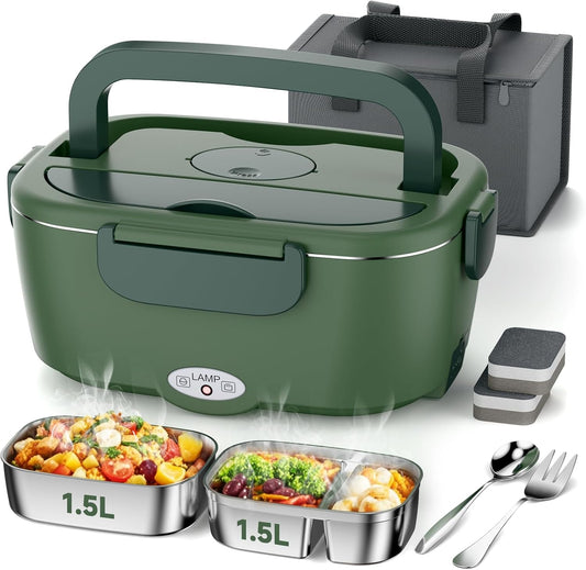 Electric Lunch Box for Adults, 80W Fast Heated Lunch Box with Dual 1.5L Stainless Steel Containers, Portable Food Warmer with Insulated Bag for Car\/Office\/Outdoor - Lonchera El ctrica Port til