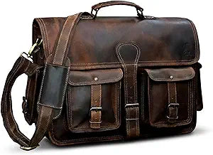 Leather Briefcase Work Bag for Men Women Dark Brown Crossbody Genuine Leather Satchel Office Bag for Men Women 18 Inch Computer Travel Messenger Laptop Shoulder Bag Cureo