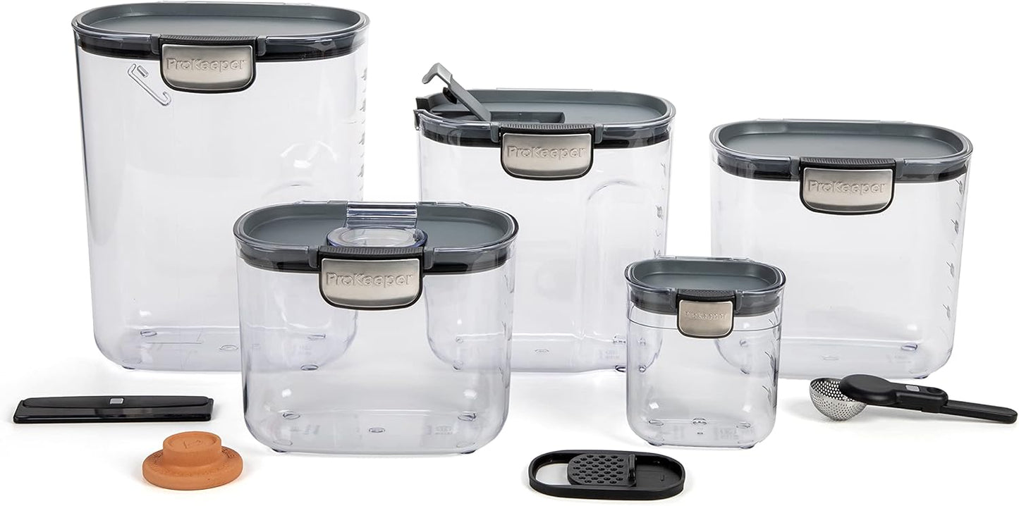 ProKeeper+ 9-Piece Airtight Food Storage Container Set \u2013 Clear Plastic Flour and Sugar Canister Set with Magnetic Accessories for Kitchen Organization (Grey, 9-Piece)
