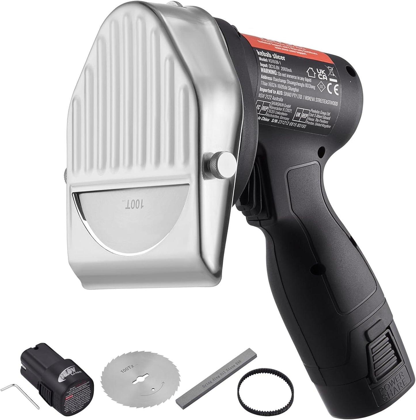 VEVOR Electric Shawarma Knife, Cordless Battery Professional Turkish Knife, Commercial Stainless Steel Gyro Cutter, Doner Kebab Meat Slicer with 2 Blades, 4\/100mm, 0-8mm Adjustable Thickness