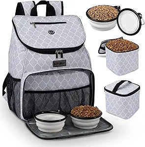 BAGLHER Dog Travel Bag, Airline Approved Pet Supplies Backpack, Dog Travel Backpack with 2 Silicone Collapsible Bowls and 2 Food Baskets