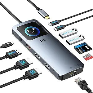 Laptop Docking Station Dual Monitor 12-in-1 USB C Docking Station with Smart LCD Display, 2 HDMI Ports+100W PD+10Gbps USB-C/A+2.5G Ethernet+SD/TF,Docking Station for Dell/HP/Lenovo Laptop