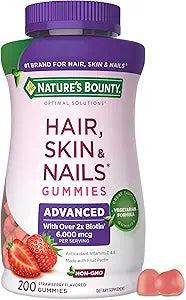 Natureâ€™s Bounty Optimal Solutions Advanced Hair, Skin and Nails Pectin Gummies, 2x Biotin Per Serving, No Stick Gummy, Vegetarian Formula, Strawberry Flavor, 200 ct, 100 Total Servings
