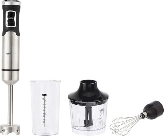 Amazon Basics Multi-Speed Immersion Hand Blender for Kitchen Mixing, Smoothies, Soups, 500 Watt Powerful, with Blending Stick, Whisk, Chopper and Beaker, Silver