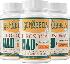 GENOBBELY 800 mg Liposomal NAD+ Supplement with Nicotinamide Riboside 200 mg, Trans-Resveratrol 100 mg - True NAD Supplement for DNA Repair, Healthy Aging, Brain Function - 180-Day Supply