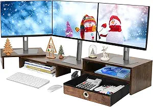 Monitor Riser for 3 Monitors, Dual Monitor Stand for Desk, Triple Monitor Stand with Drawer, Dual Monitor Stand with Storage, Extra Long Triple Monitor Riser up to 52', Angle Adjustable