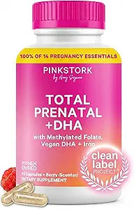 Pink Stork Total Prenatal Vitamins with DHA, Folate, Iron, Choline, and Vitamin B12 - Prenatals for Women to Support Fetal Development, Pregnancy Essentials, Berry Essence, 60 Capsules, 1 Month Supply