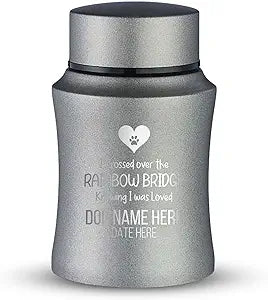 Customized Small Keepsake Urn Personalized Engraved with Pet Name, Date, and Dog Design - 4' Powder Coated Cremation Mini Compact Urn for Dogs Ashes | 5 10 Lbs Capacity | Gray, Rainbow Bridge