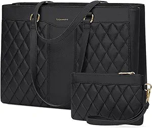 RAINSMORE Laptop Bag for Women 15.6 Inch Work Tote Bags Leather Laptop Tote Professional Laptop Purse Computer Handbag Womens Briefcase Tote with Clutch for Teacher Office Travel, Black
