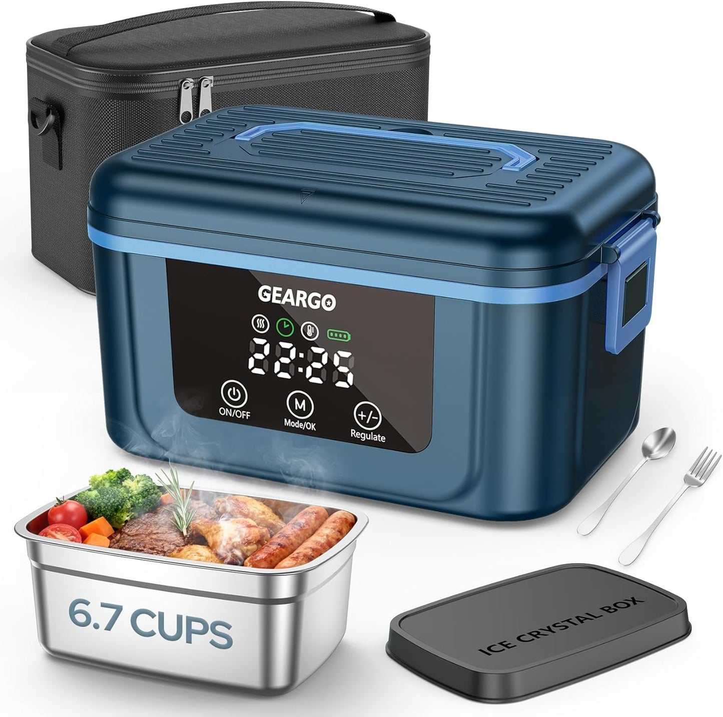 GEARGO Cordless Electric Lunch Box, 6.3 Cups & 24000mAh Rechargeable Heated Lunch Box with Ice Crystal Box, 24 Hours Scheduled Self Heating Lunchbox For Men Women