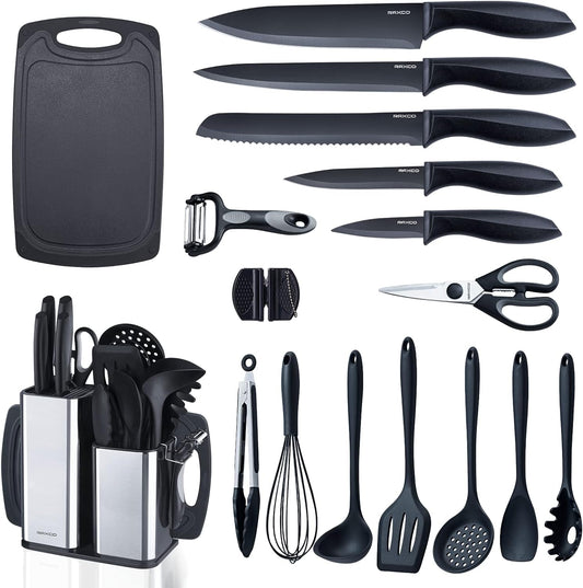 RAXCO Kitchen Utensils Set,18-Piece Cooking Tools and Sharp Knives,Stainless Steel Holder and Cutting Board