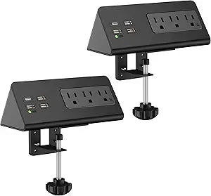 Nightstand Edge Mount Power Strip with USB-C Ports Tabletop Surge Protector Desk Clamp Power Sockets with 3 AC Outlets &4 Fast Charging USB Ports for Home Office Hotel and Dormitory (Black(2-Pack))