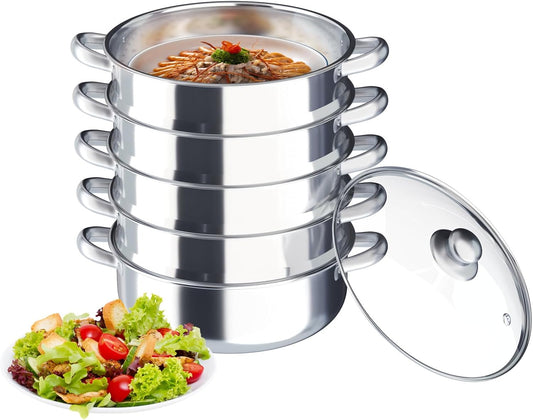 Liffshsy 5 Tier Steamer Pot for Cooking, Stainless Steel Stackable Steamer with Transparent Pot Lid Suitable for Gas Electric Stove, Food Cookware for Dumpling Ddimsum Momo Vegetable Soup Steamed Buns (Silver, 30cm\/11.81in)