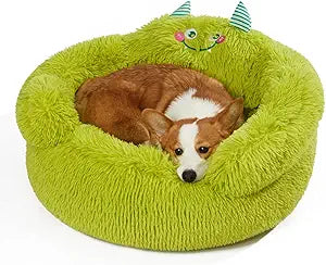 Jiupety Cute Calming Dog and Cat Bed, Anti-Anxiety Donut for Small Pets, Cozy Soft Pet Round Cuddler Bed with Non-Slip Bottom, L(27' 27' 14'), Green