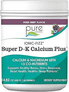 Ionic Fizz Super D-K Calcium Plus by Pure Essence - with Extra Magnesium, Vitamin D3, Vitamin K2 for Strong Bones and Stress Support - Mixed Berry - 14.82oz