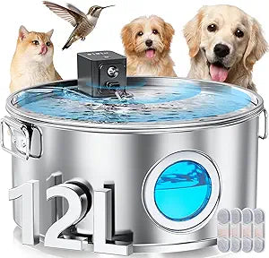 12L/ 3.4Gal Wireless Automatic Dog Water Fountain for Large Dogs Stainless Steel 3 Modes Dog Fountain Water Bowl Dispenser, Multi Large Pet Water Fountain Ultra Quiet & Multi-Filteration