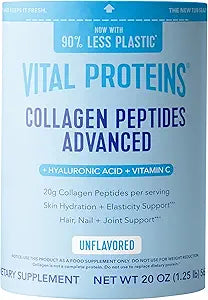 Vital Proteins Collagen Peptides Powder Advanced with Hyaluronic Acid & Vitamin C, 20oz Collagen Protein, Unflavored, 27 Servings