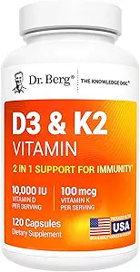 Dr. Berg Vitamin D3 & K2 10,000 IU + MK-7 â€“ 120 Capsules â€“ Immune, Bone & Heart Support* Supplement w/Magnesium, Zinc, B6 â€“ 4X Lab-Tested â€“ No Fillers â€“ Non-GMO, cGMP, Formulated in USA