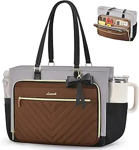 LOVEVOOK Laptop Tote Bag for Women, Work Bag for Nurse with Large Cup Holder, Nurse Diaper Bag for Travel, Computer Women's handbags for Teacher gift, Brown-gray-black 15.6 Inch