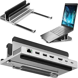 7 Port USB-C 14 Laptop Stand with Dual Display Docking Station, Tablet Holder Hub, Vertical Storage Desk Organizer/HDMI 8K30Hz, USB-A 5Gbps, Ethernet 1Gbps, 100W Power Delivery, Space Gray