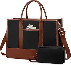 LOVEVOOK Laptop Bag for Women 15.6 inch Canvas Laptop Tote Bag Large Professional Teacher Purse Lightweight Computer Bag Briefcase Business Office, Black Brown