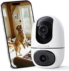 virtavo Pet Camera Indoor for Dogs & Cats, 360 PTZ Pet Monitor with Motion Tracking, Dual Lens, 2 Way Audio, Night Vision, No Subscription, Wi Fi 6 (2.4GHz/5GHz), SD & Cloud Storage, Alexa Compatible