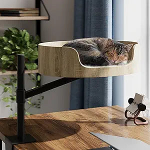 cat Desk Bed,Wood Elevated Large cat Bed for Desk Mount,Space-Saving 360 Rotating & Adjustable Shelf Elevated Desk clamp pet Bed