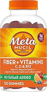 Metamucil Fiber Gummies for Adults with Vitamins C, D, B12 for Metabolism, No Sugar Added Citrus Berry Flavor, 5g Plant Based Prebiotic Fiber Supplement Blend, 120 Count