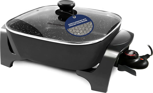 Elite Gourmet EG6201 Extra Deep 12'x12'x3.2' (7.5Qt.) Scratch Resistant Dishwasher Safe, Non-stick Electric Skillet with Glass Vented Lid, Adjustable Temperature, Black