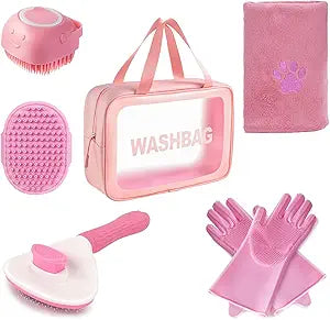 6PCS Pink Dog Washing Kit with Dog Brush, Shampoo Brush, Bath Scrubber,Washing Gloves, 39.7' 20.5' Towel and Big Toiletries Bag.