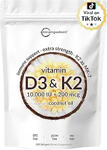 Micro Ingredients Vitamin D3 10,000 IU + K2 MK-7 200 mcg, 300 Softgels with Virgin Coconut Oil | 2-in-1 Vitamins D & K Complex | Extra Strength, Easy to Swallow, Non-GMO, Gluten Free