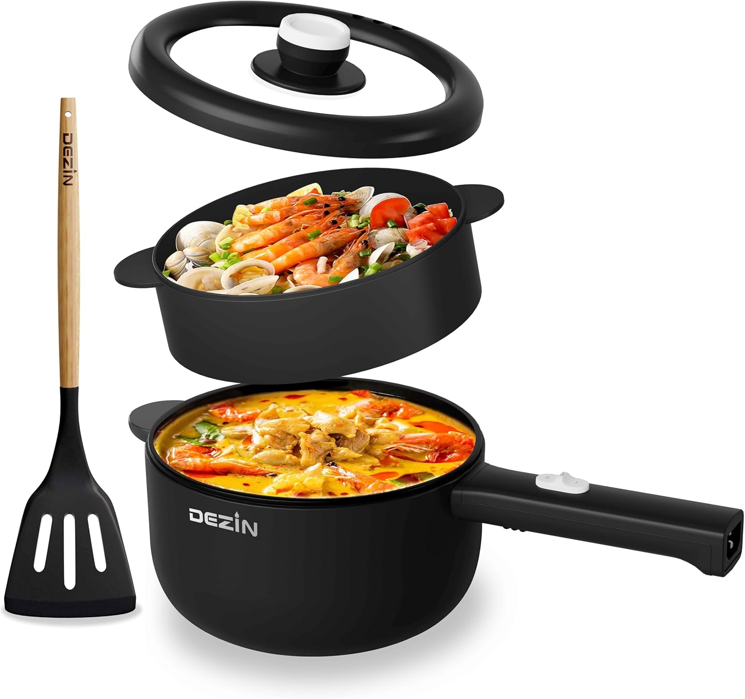 Dezin Electric Cooker, 2L Non-Stick Saut Pan, Rapid Noodles Cooker, Mini Pot for Steak, Egg, Fried Rice, Ramen, Oatmeal, Soup with Power Adjustment, College Dorm Room Essential(Egg Rack Included)