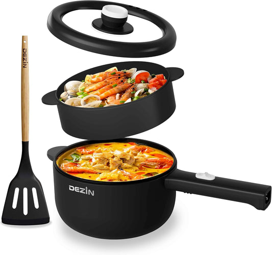 Dezin Electric Cooker, 2L Non-Stick Saut Pan, Rapid Noodles Cooker, Mini Pot for Steak, Egg, Fried Rice, Ramen, Oatmeal, Soup with Power Adjustment, College Dorm Room Essential(Egg Rack Included)
