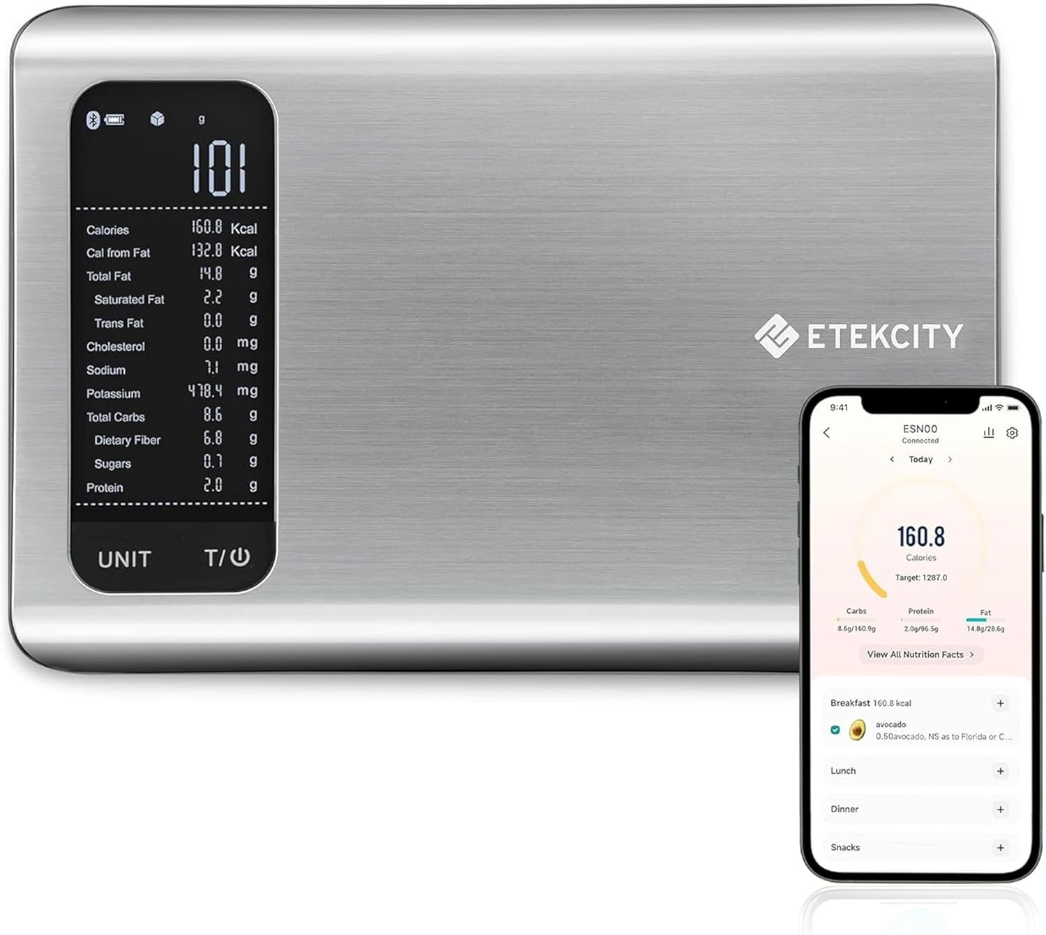 Etekcity Smart Food Kitchen Scale with Nutritional Calculator, Free App with 19 Nutrients Tracking, Calorie, Marco, Digital grams and ounces for weight loss, Premium Stainless Steel, 11lb