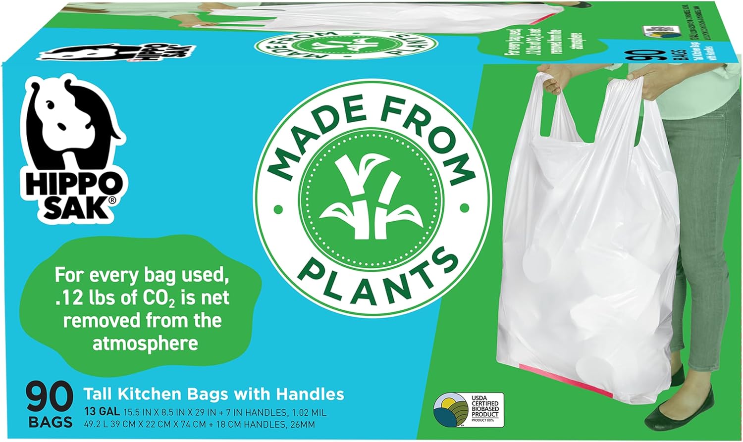 Hippo Sak - Plant Based Tall Kitchen Garbage Bags with Ergonomic Handles - 13 Gallon Trash Bags - Recyclable & Eco Friendly - Super Strong and Leak Proof Tall Kitchen Trash Bags (90 Count)