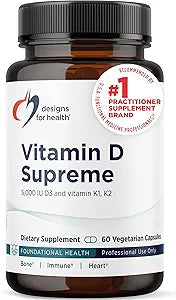 Designs for Health Vitamin D Supreme - Vitamin D 5000 IU with 2000mcg Vitamin K as MK4 for Bone Health, Heart Health, Mood & Immune Support - Vitamin D3 Enhanced with GG Supplement (60 Capsules)