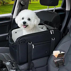 YUDODO 10-18lbs Large Console Dog Car Seat (Width 9in) Fits Truck & Pickup, Luxury Puppy Cat Travel Portable Booster Seat with Removable Velvet Cushion, Anti-Slip Pet Car Bed Carseat PU Leather Black