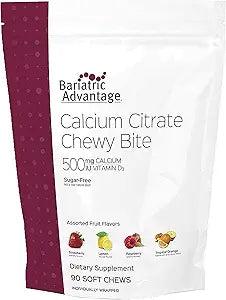 Bariatric Advantage Calcium Citrate Chewy Bites 500 mg - Highly Absorbable & Digestible - Vitamin D3 - Easily Chewable Calcium Supplement - Assorted Fruit - 90 Count