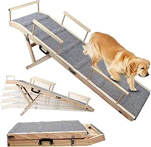 Dog Ramp for Bed, Couch & Car Adjustable Foldable Pet Ramp, 64.17' Long, 17.72' Wide, Non-Slip Surface with Safety Rails, 8 Heights 20.08'-28.35', Supports 220 lbs, Solid Wood (Gray, 17.72)