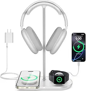 TopMade 5 in 1 Headphone Stand for Desk with Wireless Charger & USB Charging for iPhone/AirPods/iWatch, Universal Desktop Gaming Headset Holder for Airpods Max, Bose, Beats, Razer and More, White