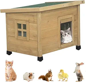 Outdoor Wooden Pet House, Weatherproof Winter Shelter for u y and Cats, Elevated Design with Window (Yellow, 22.56 * 17.71 * 16.73Inches)