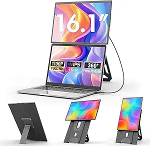 domyfan 16.1'' Laptop Screen Extender, 360 Rotating Detachable Stand/VESA Support, FHD 1200P IPS Portable Monitor, Plug & Play with HDMI/USB-A/Type-C, Compatible Win/Mac/Android