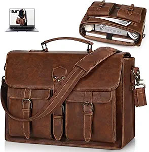 RAINSMORE Messenger Bag for Men 15.6 Inch Leather Vintage Laptop Briefcase Large Laptop Bag Waterproof Satchel Bag Computer Shoulder Bag for Office Work Travel College, Brown
