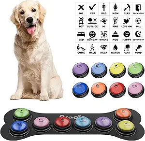 Dog Buttons for Communication, 8 Pcs Dog Talking Button Set, 30s Recordable Voice Pet Buzzer Training Buttons, Speaking Button for Dogs with Waterproof Anti-Slip Dog Button Mat and 48 Scene Stickers